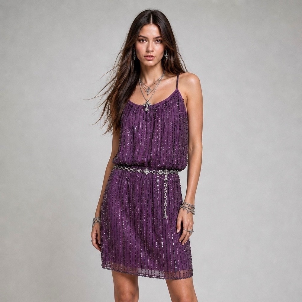 Vintage Y2K Pisarro Nights Beaded Party Dress 16 Purple Sequin Whimsigoth Mini
